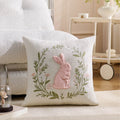 Embroidered Floral Rabbit Pillow Cover Axyaa 18x18inch White Pink Green