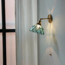 Axyaa Tiffany Blue Glass LED Wall Sconce Rotate Copper Pull Chain Switch Stair Light