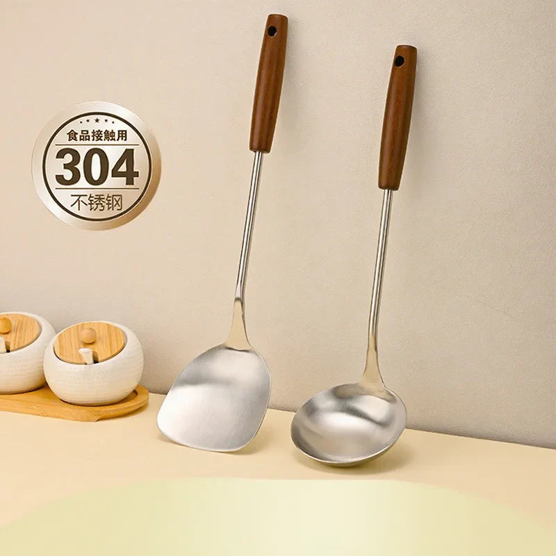 Axyaa Stainless Steel Wok Spatula Ladle Set with Wooden Handle