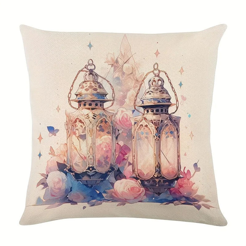 Axyaa Ramadan Karim Pillowcase: Flower Crescent Moon Lamp Design Sofa Cushion Cover