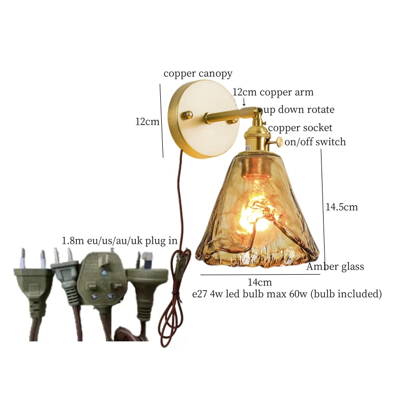 Axyaa Glass LED Wall Sconce Light Pull Chain Copper Applique Murale