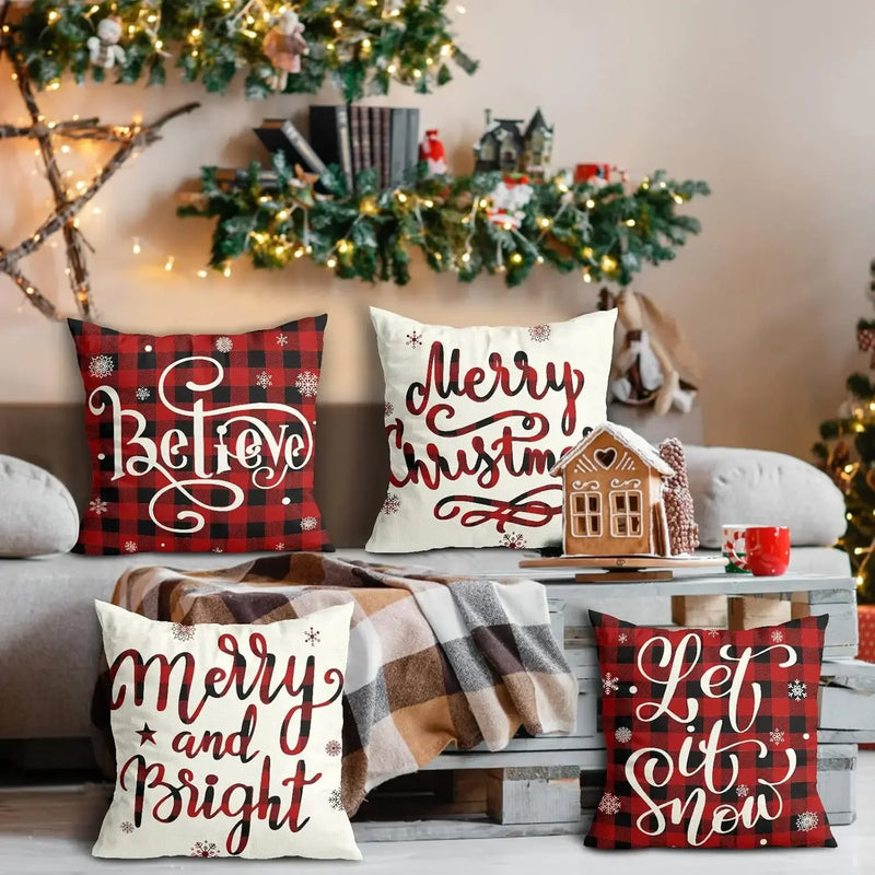Axyaa Christmas Pillow Covers Set of 4 Buffalo Plaid Black Red 18x18 Inch