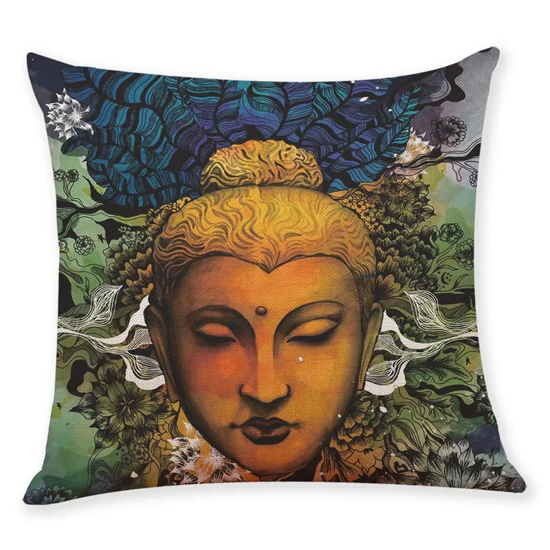Axyaa Buddha Statue Print Linen Cushion Cover 45X45CM