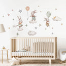 Axyaa Bunny Moon & Stars Wall Stickers: Nordic Boho Rabbit Hot Air Balloon Decals