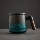 Ceramic Strainer Tea Cup with Lid and Wood Handle - Axyaa Vintage Japanese Mug