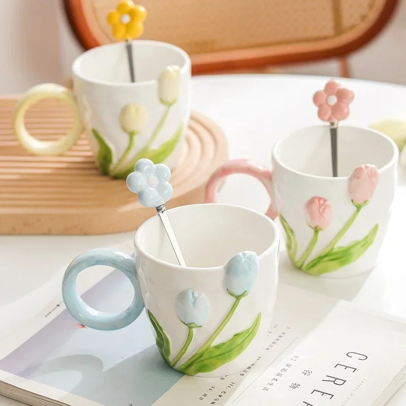 Axyaa Tulip Flower Ceramic Mug: 3D Design, Creative Relief, Ins Style, Coffee Cup