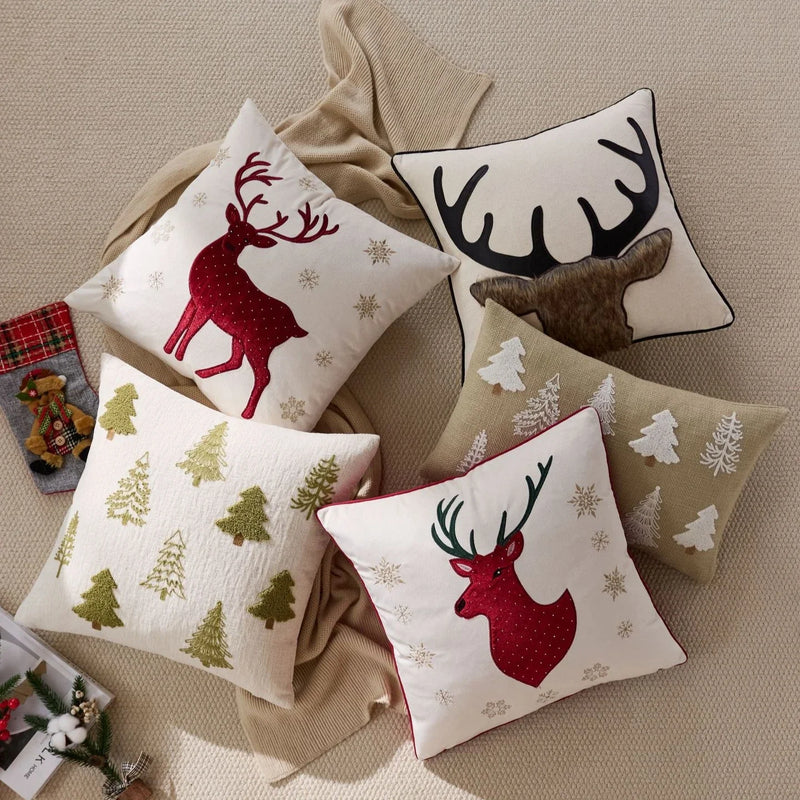 Axyaa Christmas Embroidered Pillow Cover Trees Deer Snowflakes 45x45cm 30x50cm