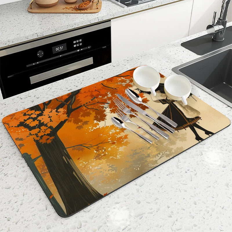 Axyaa Retro Coffee Dish Mat: Absorbent, Anti-slip, Quick Dry Draining Mat for Kitchen and Bathroom