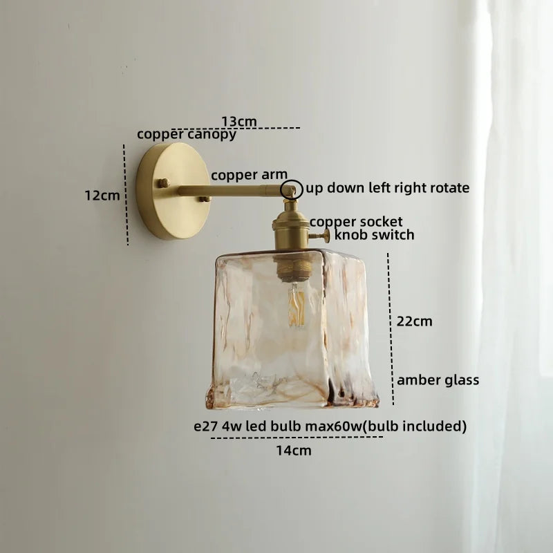 Axyaa Glass Copper LED Wall Lamp with Knob Switch for Modern Home Decor