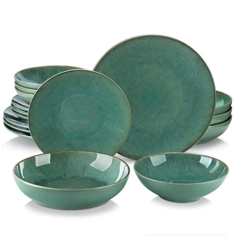 Axya™ Karst Green Stoneware Tableware Set for 4/8/12: Dinner, Dessert Plate, Soup Bowl, Mug