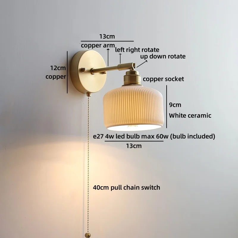 Axyaa Ceramic LED Wall Lamp: Japan Style Gold Brass Arm, Up Down Rotate