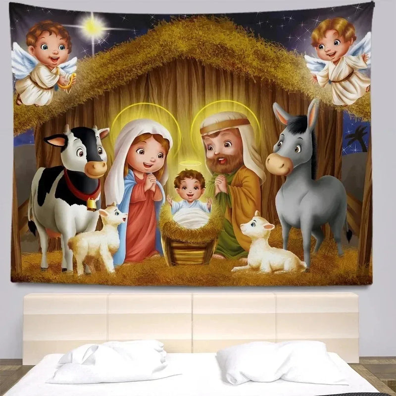 Axyaa Santa Claus and Kids Wall Tapestry for Festive Living Room Decor