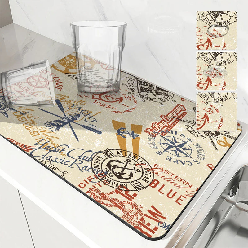 Axyaa Nautical Retro Coffee Mat - Absorbent Rubber Backed Drying Mat