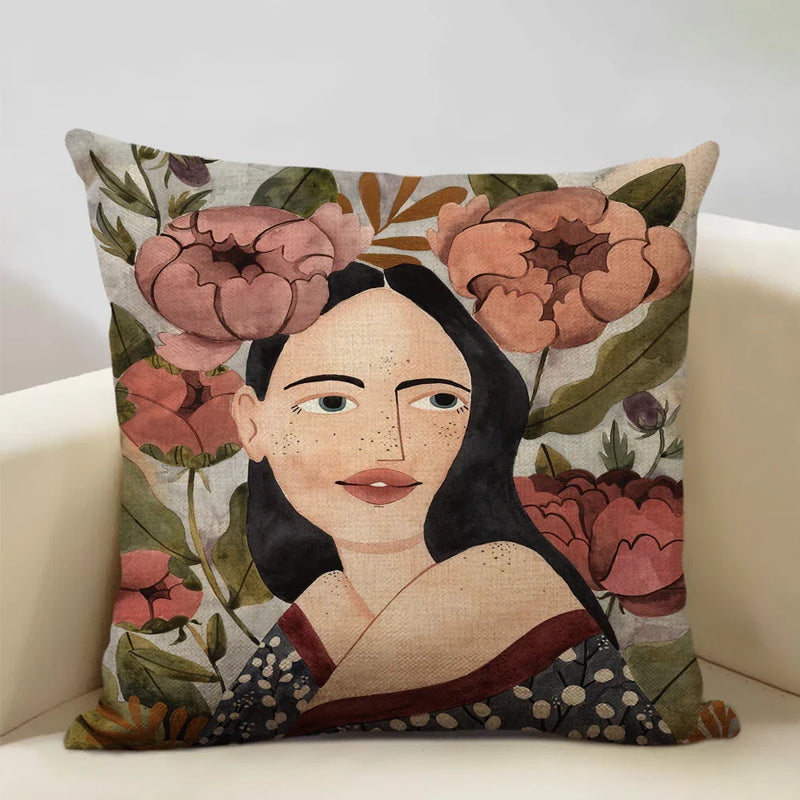 Axyaa Beauty Girl Cat Print Linen Pillowcase Portrait Cartoon Home Decor Cover
