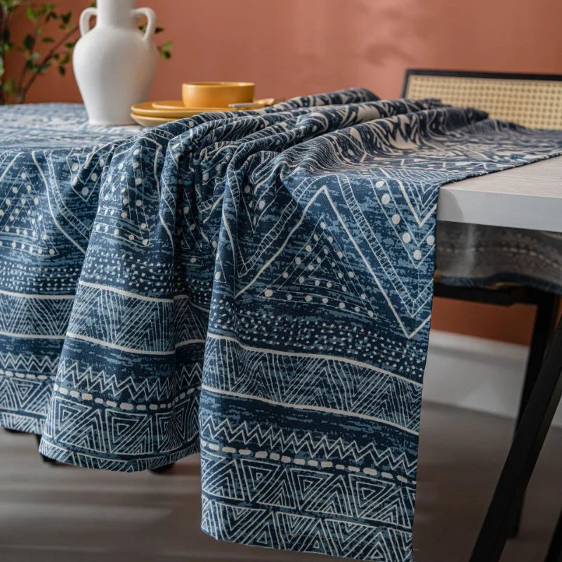 Axya Blue Geometric Triangle Printed Dining Table Cloth Cotton Linen Table Cover