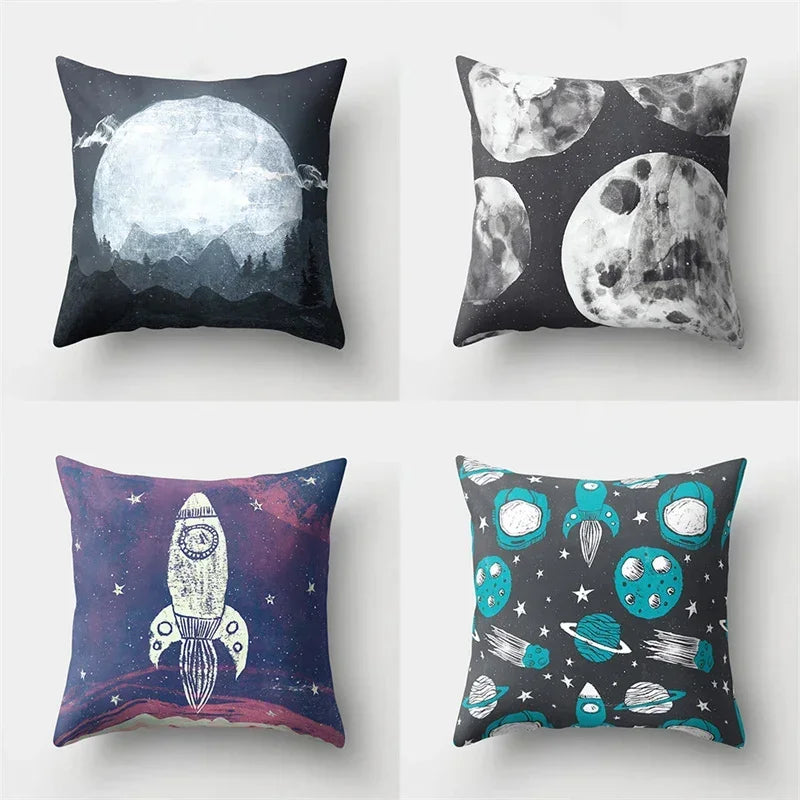 Axyaa Cartoon Star Astronaut Pillow Cover 45x45cm - Cute Moon Rocket Design.