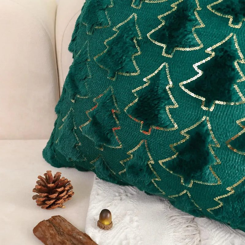 Axyaa Winter Green Faux Fur Christmas Tree Decorative Pillow Covers