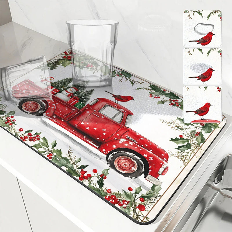 Axyaa Christmas Snow Kitchen Mat: Absorbent, Antiskid, Quick Dry, Draining, Tableware Mat