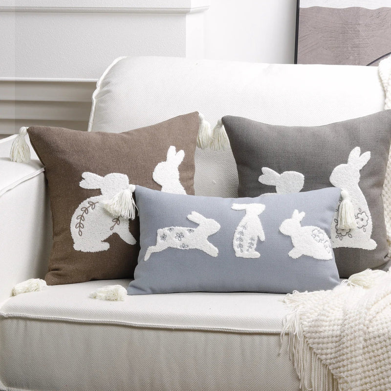 Axyaa Bunny Rabbit Floral Embroidery Pillow Cover, Soft Canvas Texture, Easter Home Decor