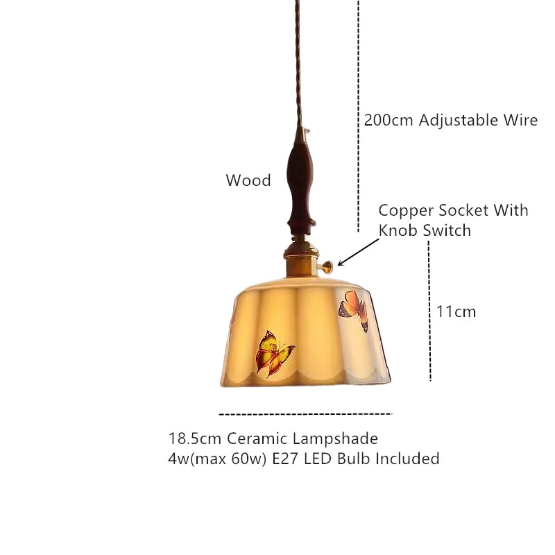 Axyaa White Ceramic Pendant Light Retro Wood Copper LED Hanging Lamp