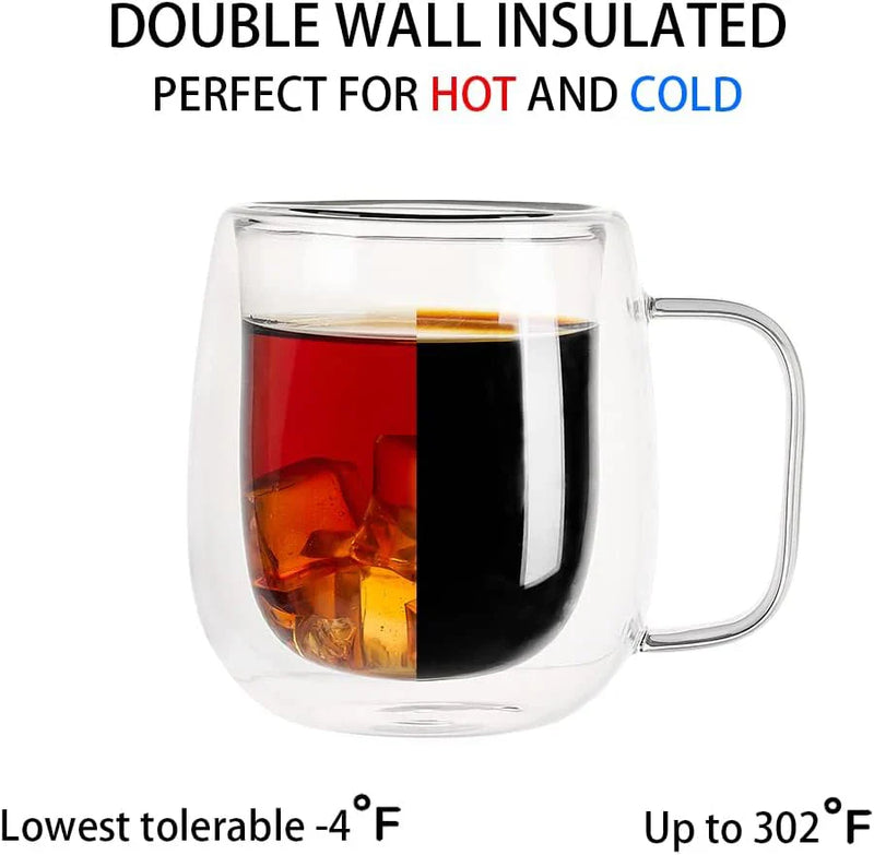 Axya 300ml Double Wall Glass Coffee Cups Set with Handle, Insulated Teacup Mug