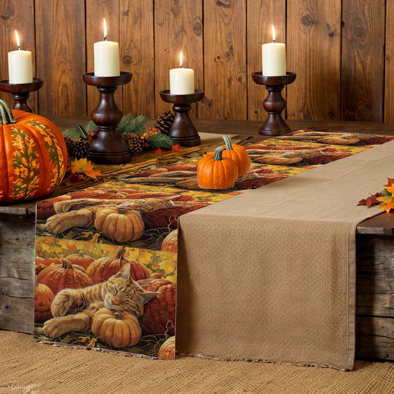Axyaa Halloween Pumpkin Cat Table Runner Farmhouse Dining Decor