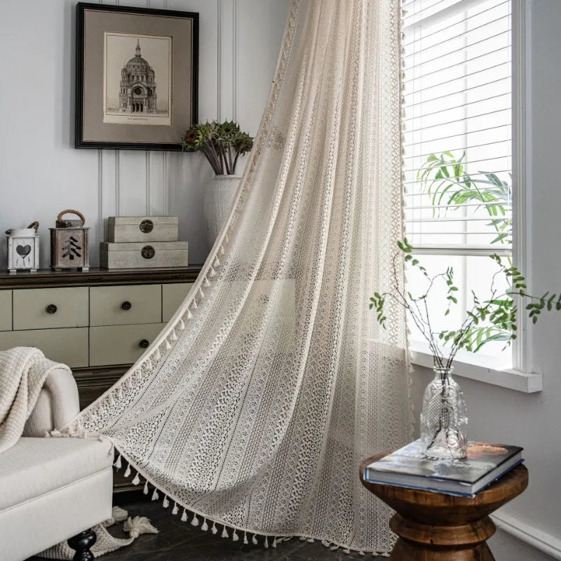 Beige Crochet Translucent Hollowed Out Curtain for American Rural Living Room by Axya