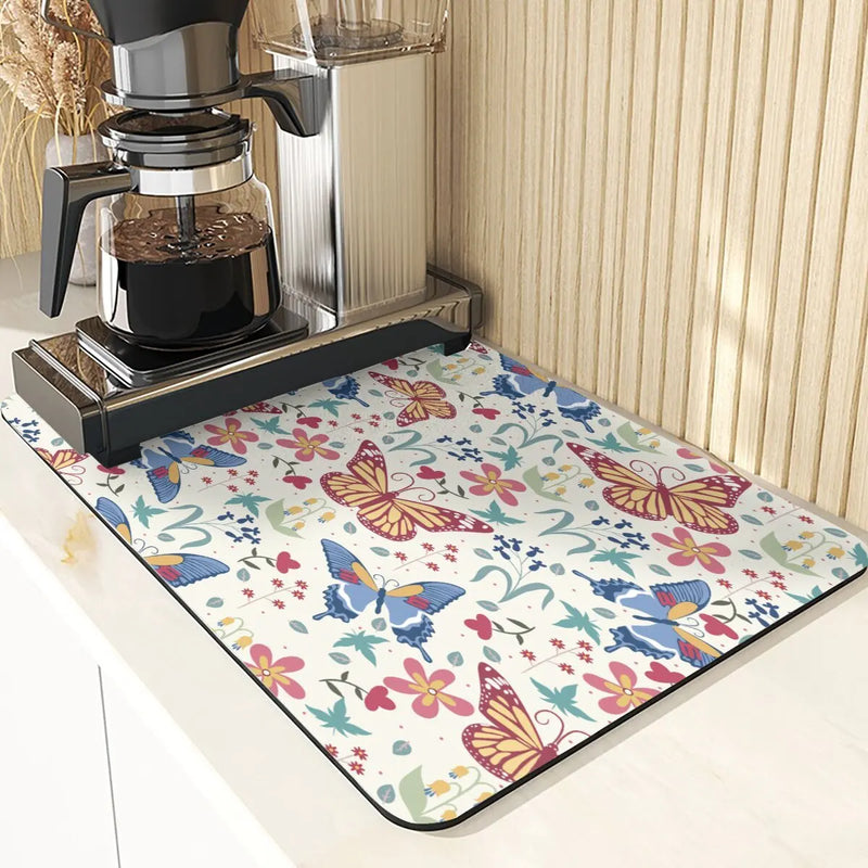 Butterfly Print Table Mat Coaster Set by Axyaa: Kitchen Accessories Absorbent Drying Mat