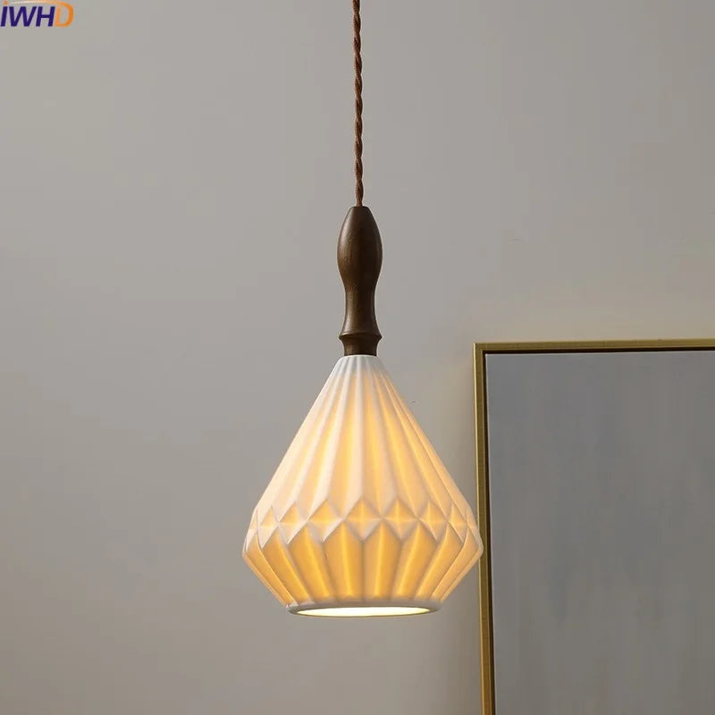 Axyaa Nordic LED Pendant Lights Ceramic Wood Hanging Lamp for Home Decor