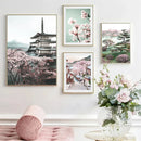 Cherry Blossoms Temple Village Canvas Painting by Axyaa - Wall Art for Living Room Home Decor