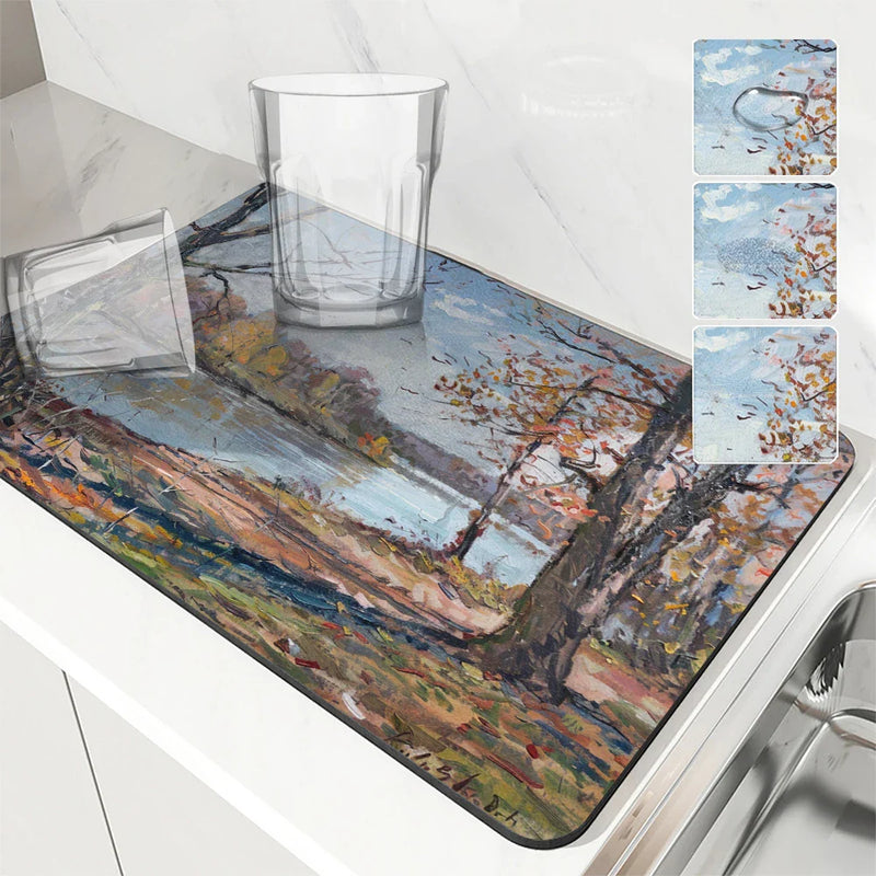 Axyaa Autumn Road Coffee Mat - Absorbent & Anti-Slip Table Drying Mats
