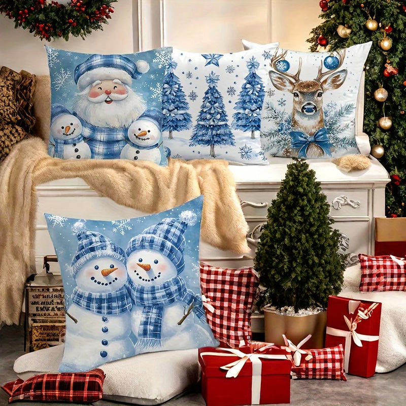 Axyaa Christmas Pillow Covers Set - Santa Claus, Snowman, Reindeer & Holiday Tree Designs