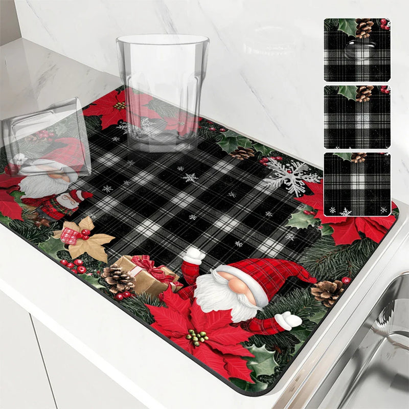 Christmas Dwarf Gift Poinsettia Drying Mat by Axyaa - Non-Slip Absorbent Kitchen Mat