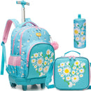 Axyaa Girls 3-Piece Rolling Backpack Set with Wheeled Luggage, Lunch Bag, Pencil Case