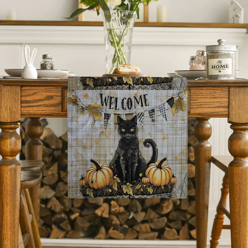 Axyaa Halloween Plaid Pumpkin Cat Spider Table Runner for Home Wedding Party Decor