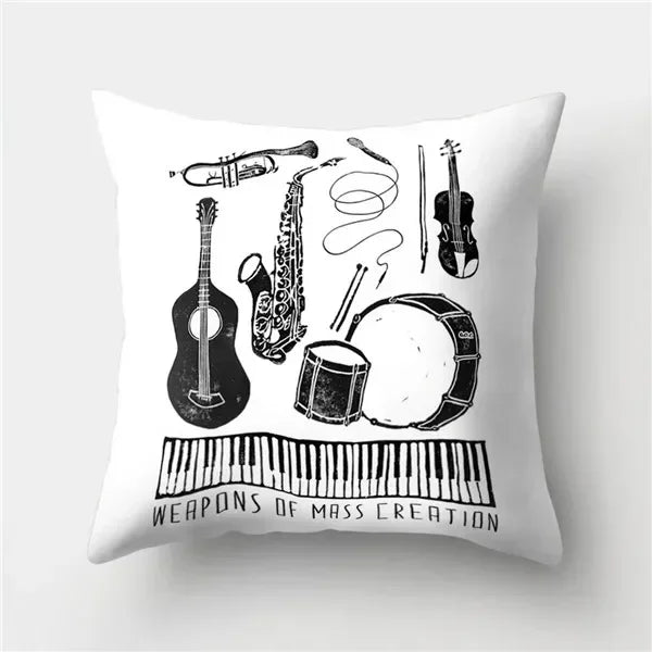 Axyaa Retro Cityscape Gramophone Guitar Drum Camera Print Cushion Cover