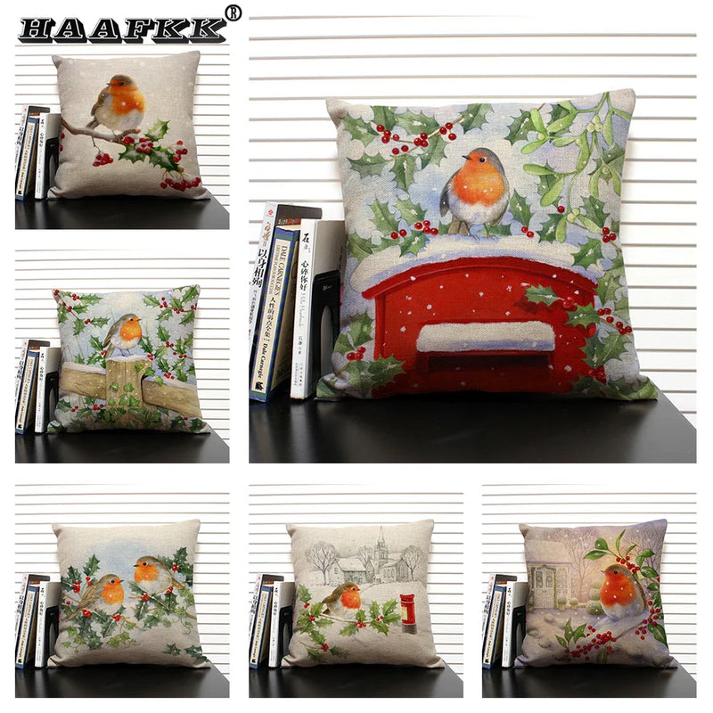 Axyaa Christmas Bird Snow Pattern 45x45cm Linen Pillow Case Home Sofa Decoration