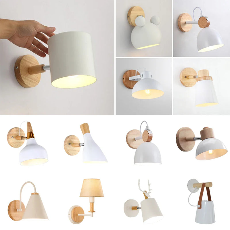 Nordic Wooden Wall Lights Bedside Lamp Modern Sconce for Bedroom with White Lampshade, Axyaa Brand
