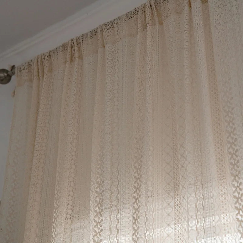 Beige Crochet Translucent Hollowed Out Curtain for American Rural Living Room by Axya