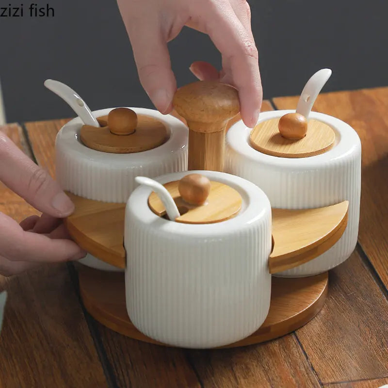 Axya Ceramic Spice Jars Set with Wooden Stand - 3-Piece Kitchen Seasoning Box