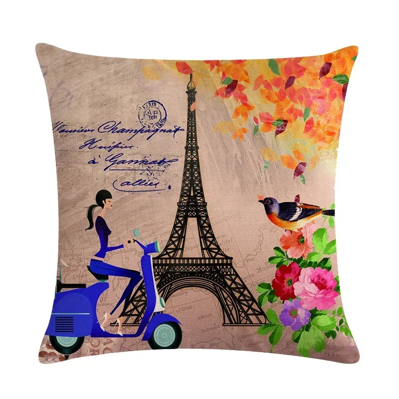 Axyaa Retro Bike Woman Linen Pillowcase 45*45cm Decorative Sofa Cushion Cover