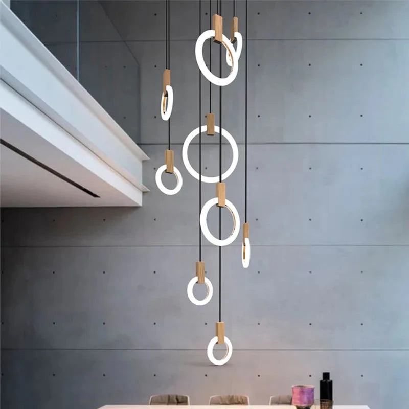 Axyaa Wooden Chandelier Modern Ceiling Lights Stairs Hanging Pendant Lamps