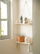 Axyaa Macrame Hanging Shelf: Handmade Rustic Wood Display Stand for Photos & Plants