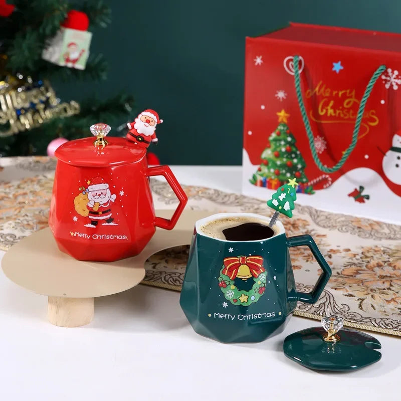 Axyaa Christmas Ceramic Mug Set with Lid and Spoon - Festive Xmas Gift Cup