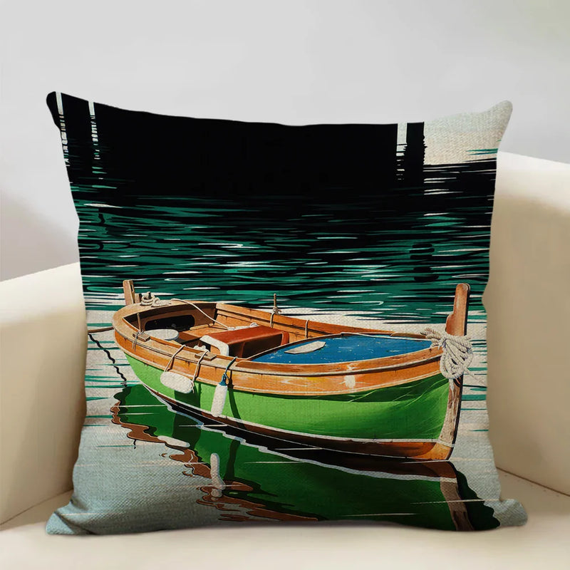 Axyaa Boat Pattern Linen Cushion Cover for Home Sofa Decor