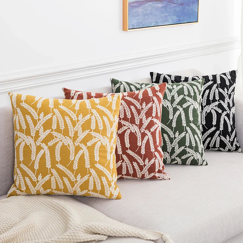 Axyaa Wheat Embroidery Cushion Cover, Soft Cozy Yellow Black Green Pillow Cover