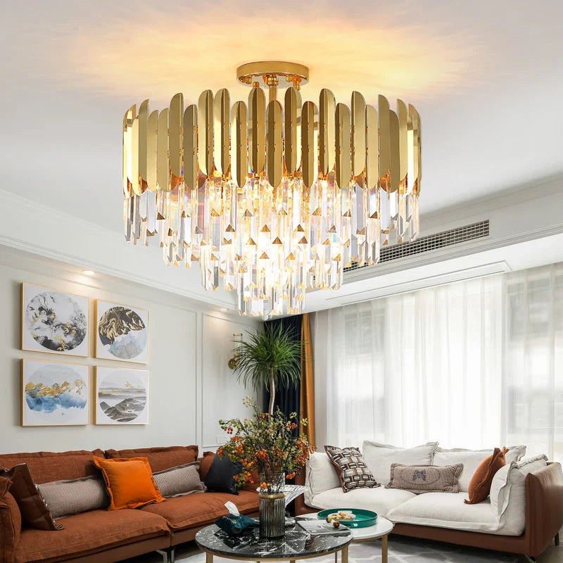 Axyaa Luxury Golden LED Crystal Ceiling Light - Modern Round Living Room Fixture