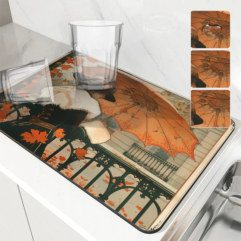 Axyaa Retro Coffee Dish Mat: Absorbent, Anti-slip, Quick Dry Draining Mat for Kitchen and Bathroom