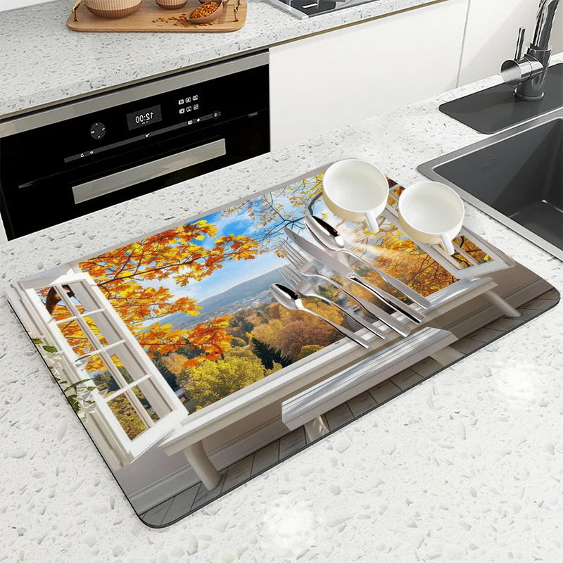 Axyaa Autumn Scenery Coffee Mat | Absorbent Rubber Backed Drying Mat