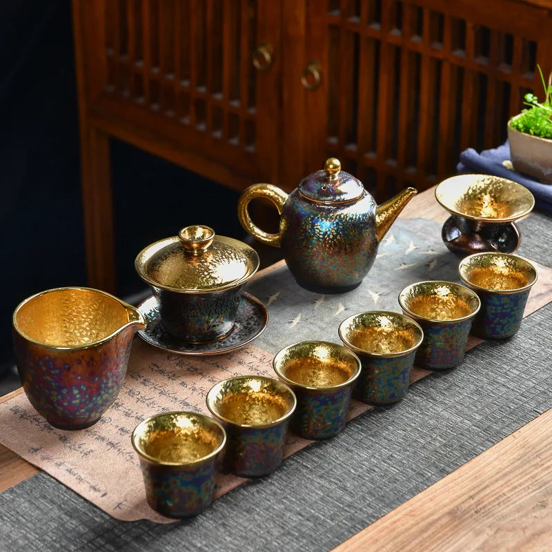 Axya™ 24K Gold-plated Kung Fu Tea Set with Bone Tea Pot & Gaiwan